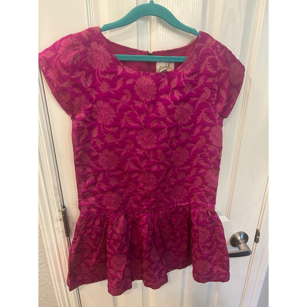 Peek Peplum Top Pink Floral Bird Jacquard Brocade Zipper Back Blouse XL 10